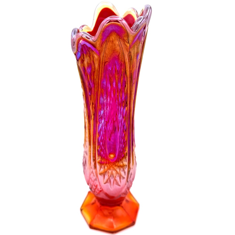 π SOLD π Carnival Glass Swung Vase Vintage Orange Red Eclectic Artistic Decor - Picture 6 of 10